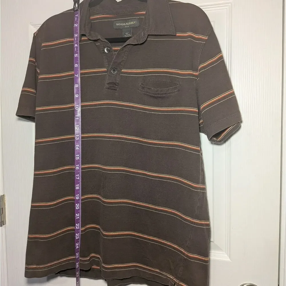 Banana Republic Mens Large Brown Striped Short Sleeve Polo Shirt Cotton Casual